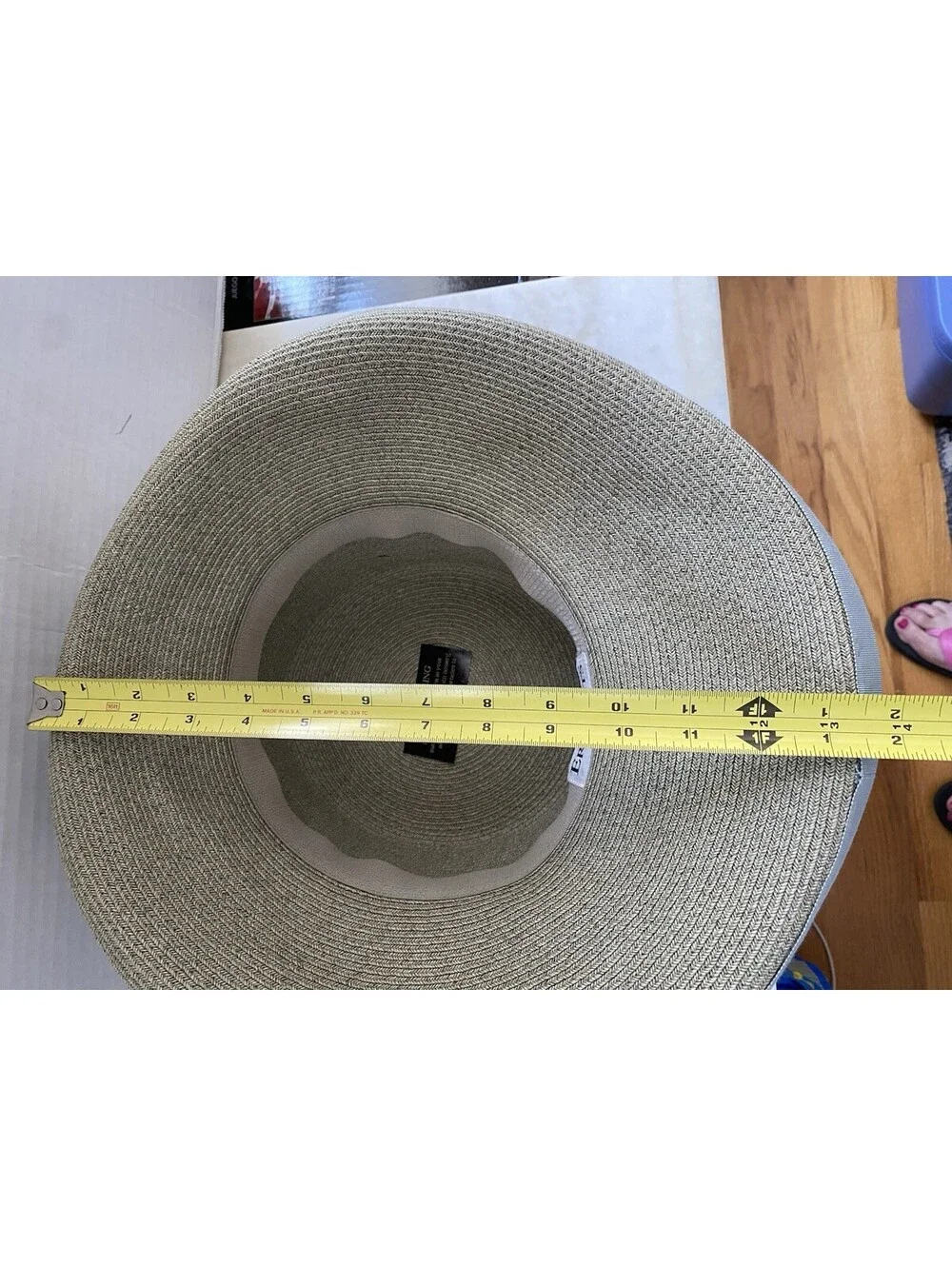 ERIC JAVITS Beige Natural Straw Wide Brim Fedora Floppy Sun Hat Blue Wide Bow